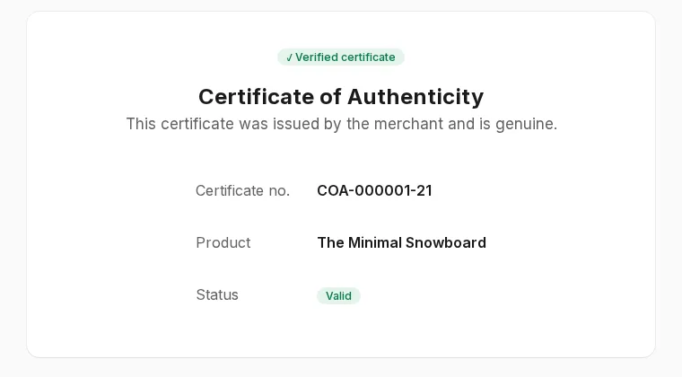 Public verification page of a valid certificate of authenticity